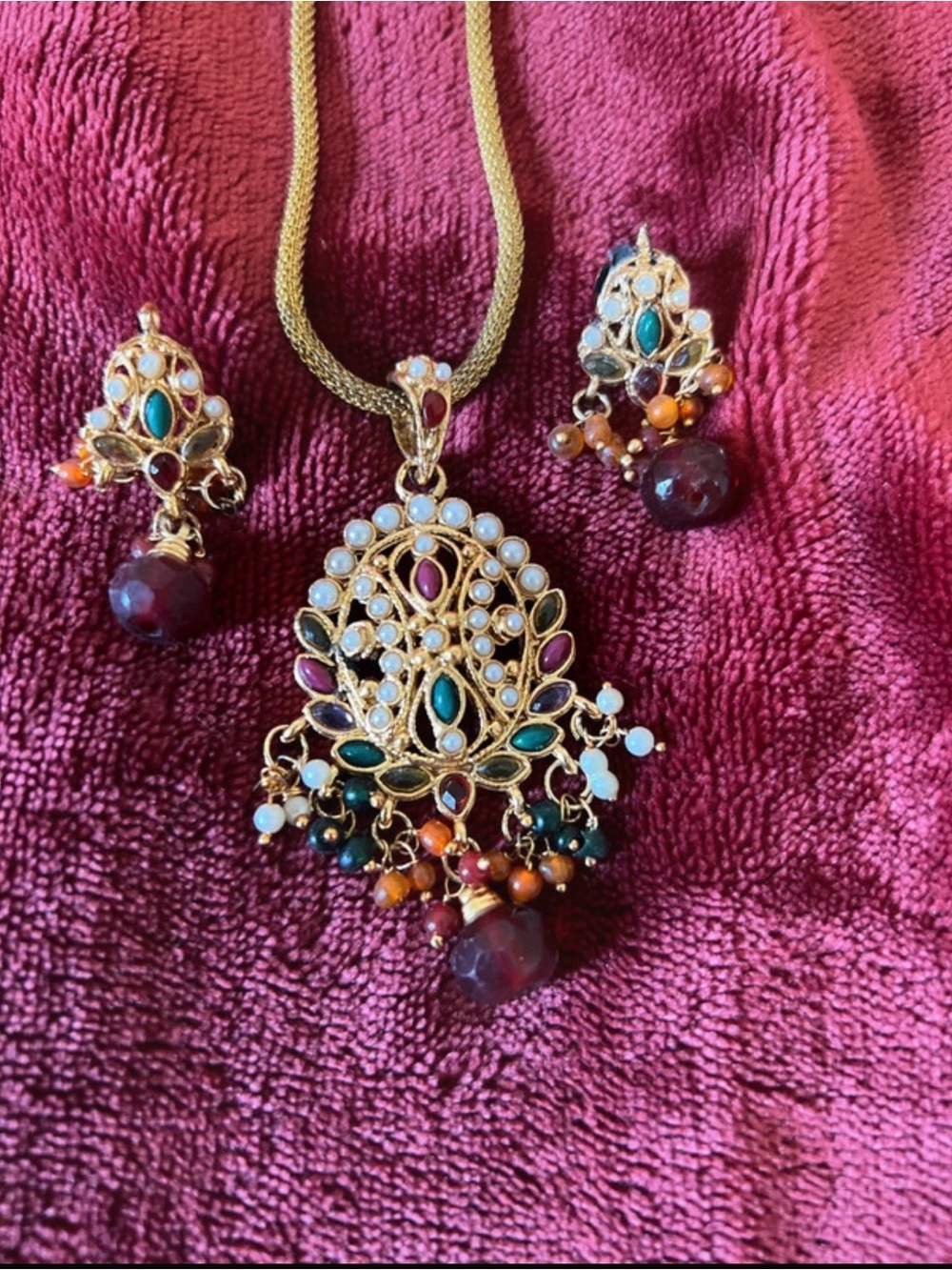 Gold-Tone Multicolor Beaded Pendant Necklace Set - Deep Red & Teal Accents